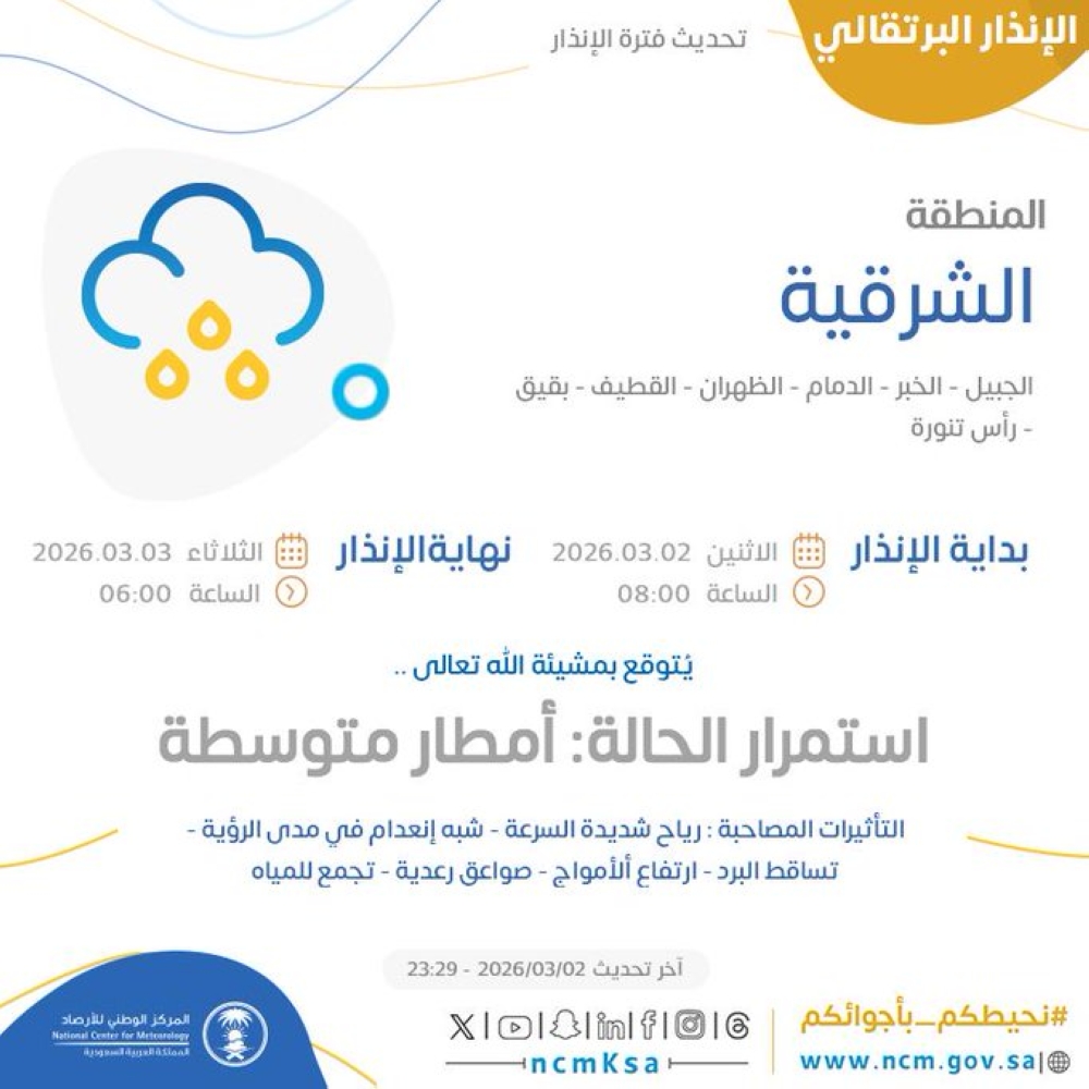 عاجل-“الأرصاد”-ينبه-من-أمطار-على-الشرقية-اليوم-الثلاثاء.-الموعد-والأماكن