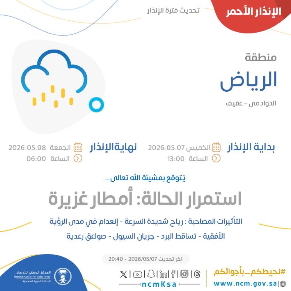 عاجل:-أمطار-غزيرة.-“الأرصاد”-يمدد-الإنذار-الأحمر-على-الرياض-حتى-صباح-الجمعة