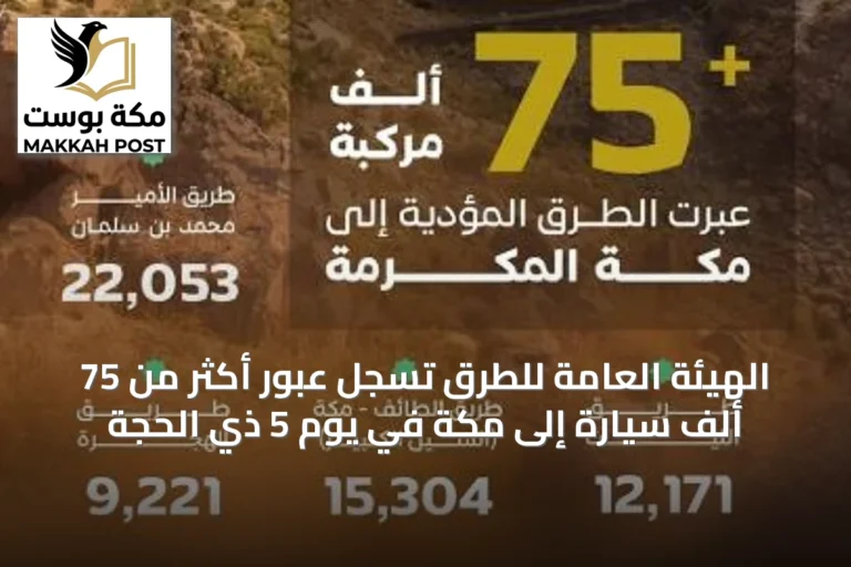 الهيئة العامة للطرق تسجل عبور أكثر من 75 ألف سيارة إلى مكة في يوم 5 ذي الحجة