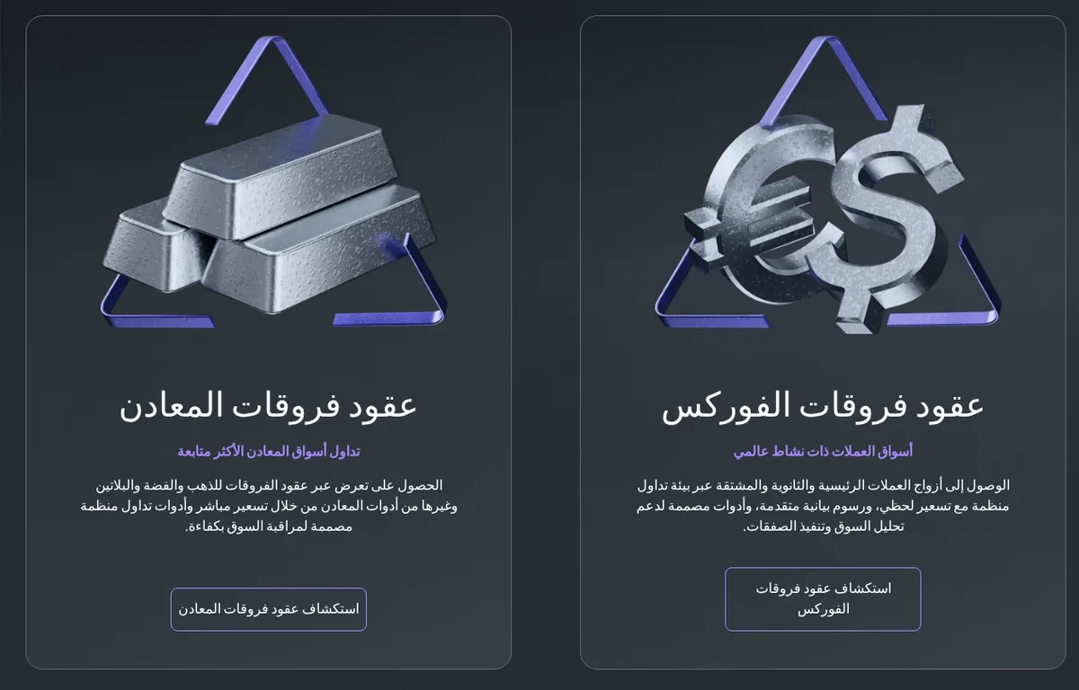 لقطة من صفحة الأسواق في HighMarkets تعرض فئات الأصول المتاحة للتداول